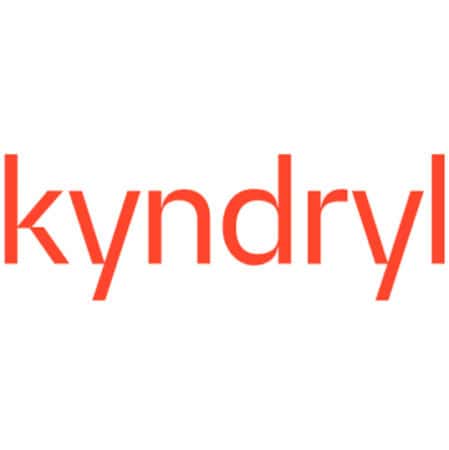 Kyndryl-logo in vette, oranje kleine letters op een witte achtergrond.
