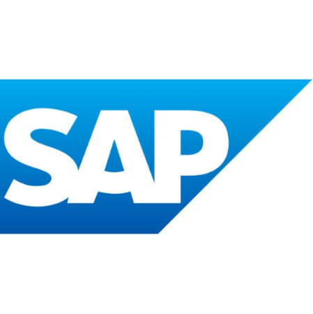 Logo van SAP met witte letters op een blauwe achtergrond met kleurverloop.