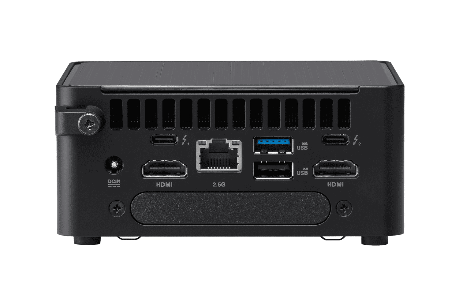 2.NUC-14-Pro_tall_2D_back (Large) Achterkant van een kleine zwarte computer met verschillende poorten: DC-ingang, twee HDMI-poorten, Ethernet-poort, twee USB-C-poorten, twee USB-A-poorten en één audiopoort.