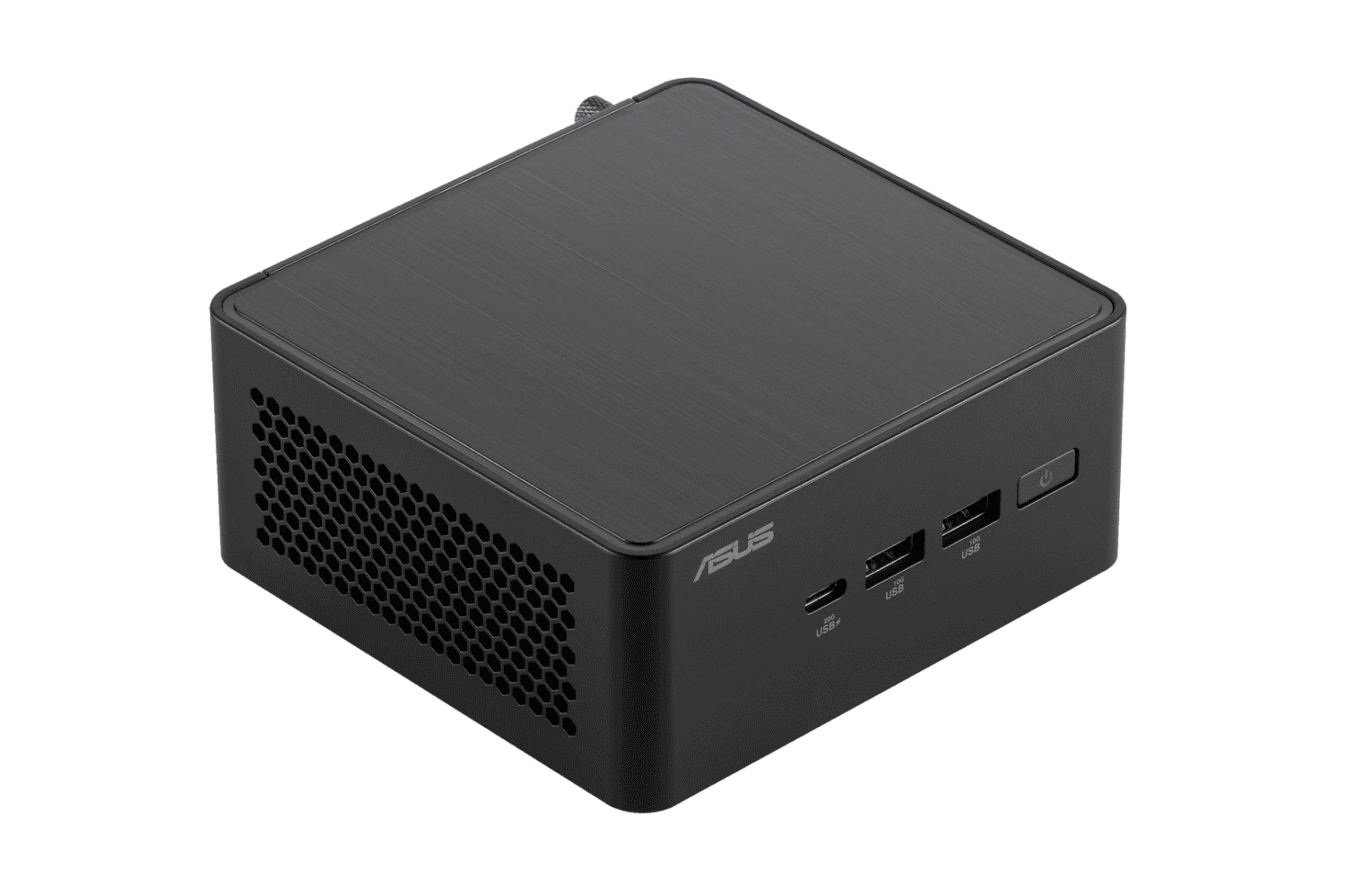 6.NUC-14-Pro_tall_Top_rightview (Large) Een compacte, zwarte Asus mini-pc met een gestructureerd bovenoppervlak, diverse USB-poorten, een aan/uit-knop en ventilatie aan de zijkant.