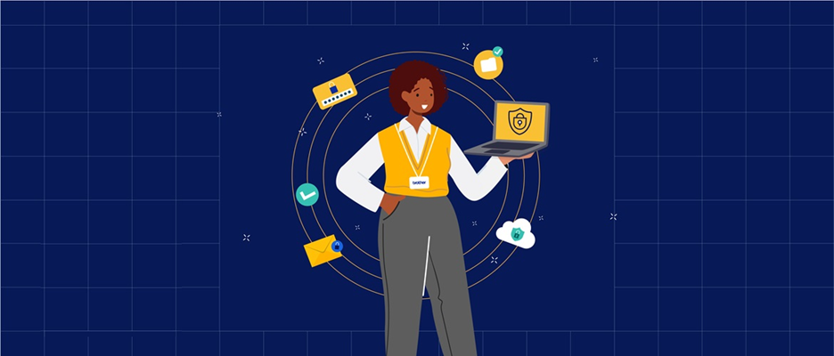 image Illustratie van een persoon die een laptop vasthoudt met een pictogram van een beveiligingsschild, omringd door cyberbeveiligingssymbolen zoals een hangslot, envelop, wolk en vinkje op een blauwe rasterachtergrond.