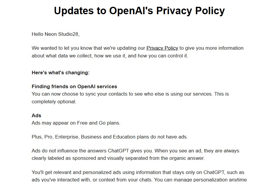 Screenshot van een e-mail getiteld "Updates to OpenAI's Privacy Policy" met een overzicht van veranderingen over het synchroniseren van vrienden, advertenties en het gebruik van informatie binnen ChatGPT en andere OpenAI-services.