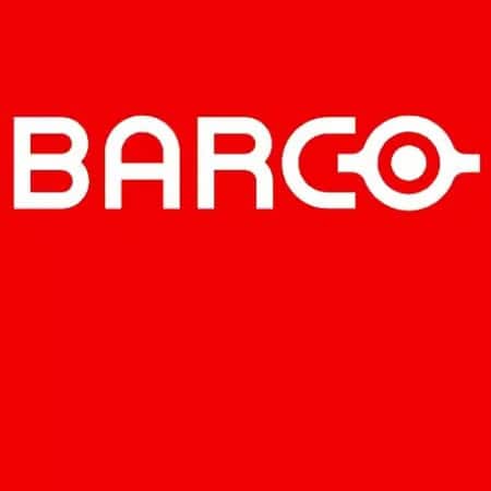 Barco logo in witte tekst op een rode achtergrond, met de letter "O" gestileerd als een cirkel met een horizontale lijn.