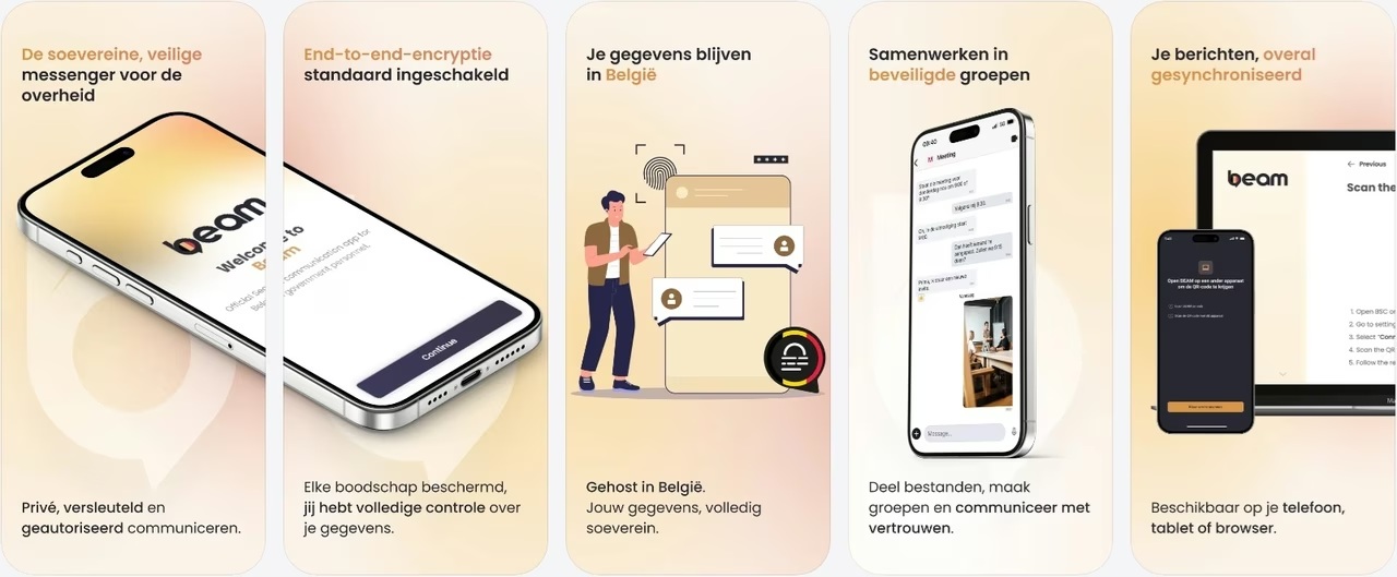 Promotionele afbeelding met vijf panelen voor "beam", een beveiligde messenger-app voor de overheid in België, met aandacht voor versleuteling, gegevensprivacy, samenwerking in groepen en synchronisatie met meerdere apparaten.