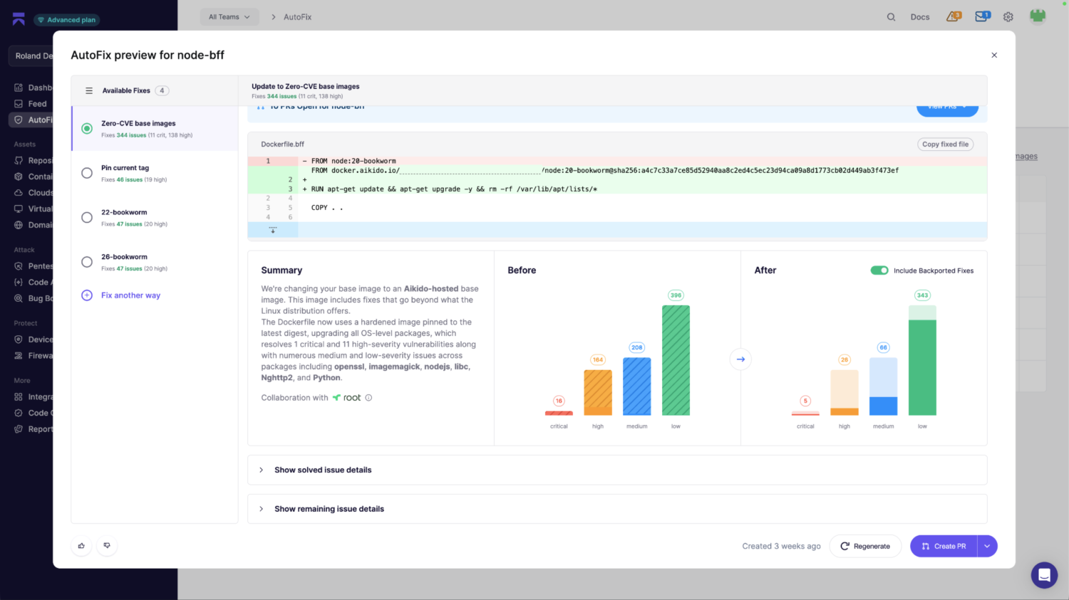 Screenshot van een voorbeeldweergave van automatische codecorrectie voor "node-diff", waarin codewijzigingen, een samenvatting en een vergelijkingstabel worden getoond waarin de verschillen vóór en na het toepassen van de correcties worden geïllustreerd.
